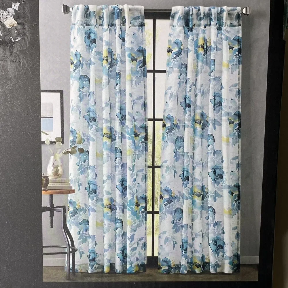 DKNY Aquarelle Window Curtains 2 Panels Inverted Pleat Blue Floral 32 x 108 NEW